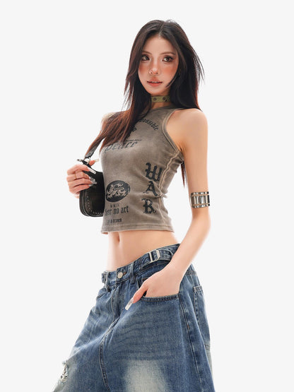 QIUQIU STUDIO Cropped Printed Round Neck Fitted Women&