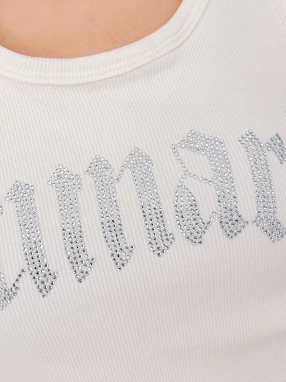 QIUQIU STUDIO Cropped Rhinestone Cutout Crewneck Racerback Fitted Women&