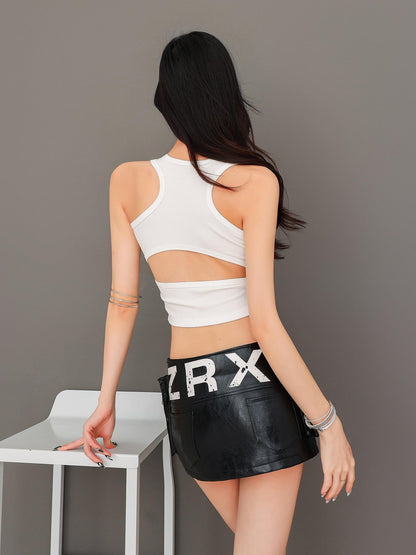 QIUQIU STUDIO Cropped Rhinestone Cutout Crewneck Racerback Fitted Women&