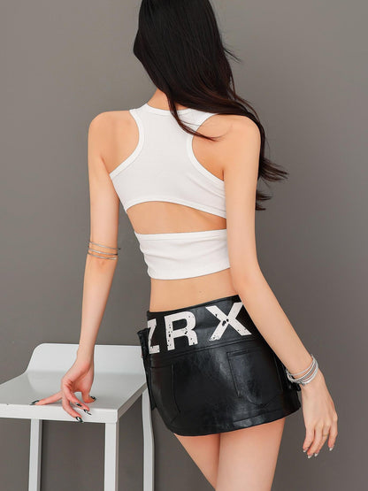 QIUQIU STUDIO Cropped Rhinestone Cutout Crewneck Racerback Fitted Women&