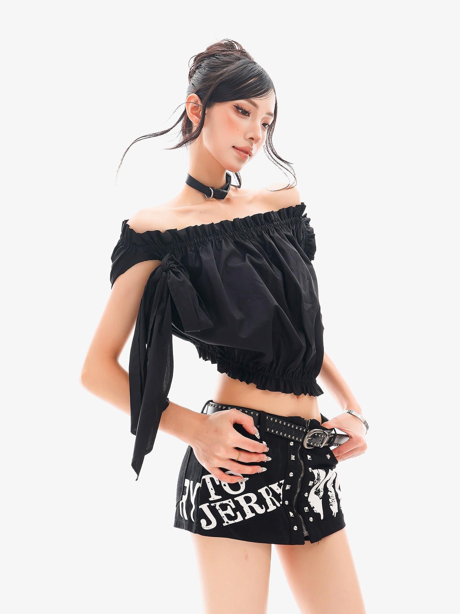 QIUQIU STUDIO Cropped Ruffled Edge One Shoulder Tie Strap Women&