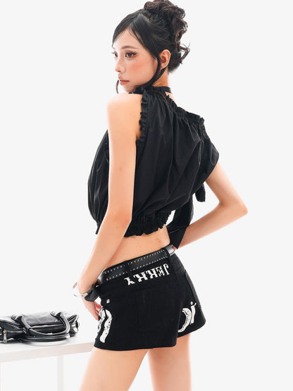 QIUQIU STUDIO Cropped Ruffled Edge One Shoulder Tie Strap Women&