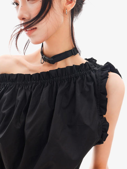 QIUQIU STUDIO Cropped Ruffled Edge One Shoulder Tie Strap Women&
