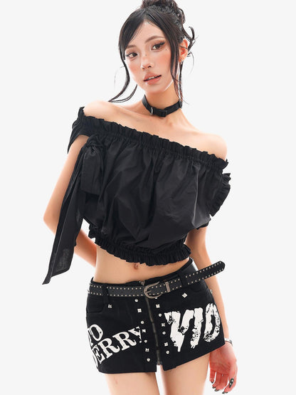 QIUQIU STUDIO Cropped Ruffled Edge One Shoulder Tie Strap Women&