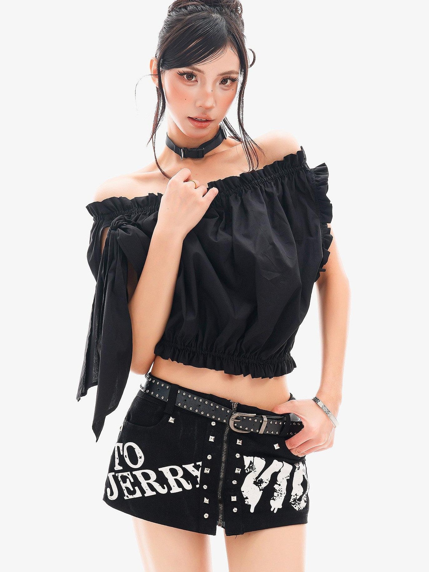 QIUQIU STUDIO Cropped Ruffled Edge One Shoulder Tie Strap Women&