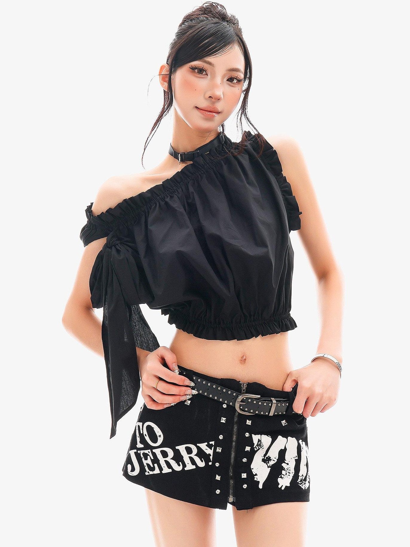 QIUQIU STUDIO Cropped Ruffled Edge One Shoulder Tie Strap Women&