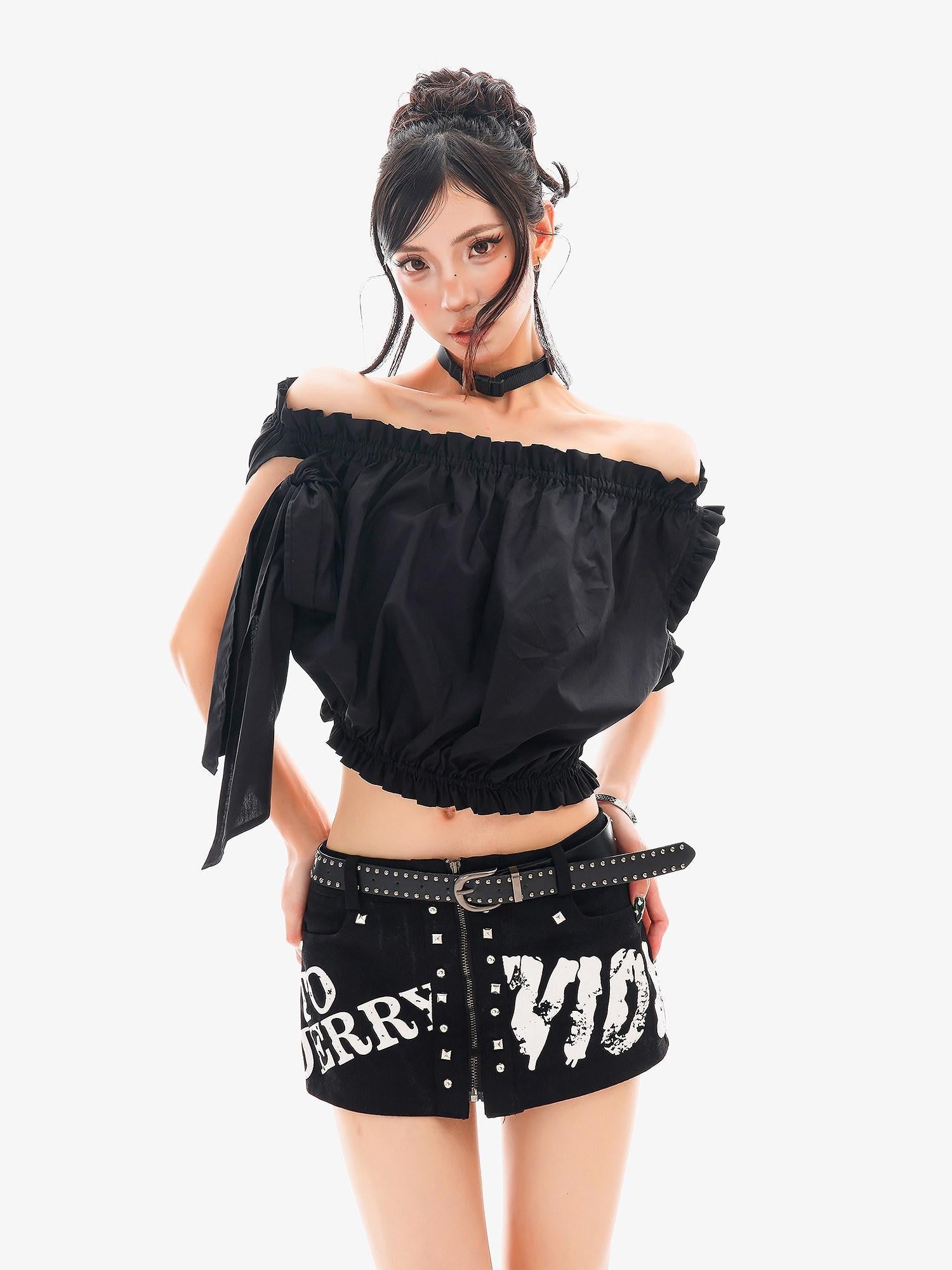 QIUQIU STUDIO Cropped Ruffled Edge One Shoulder Tie Strap Women&
