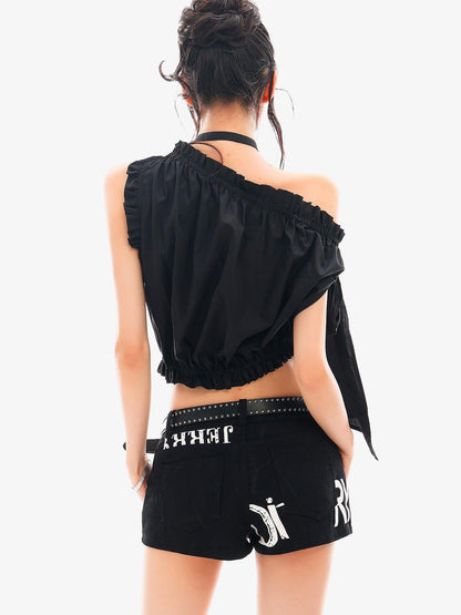 QIUQIU STUDIO Cropped Ruffled Edge One Shoulder Tie Strap Women&