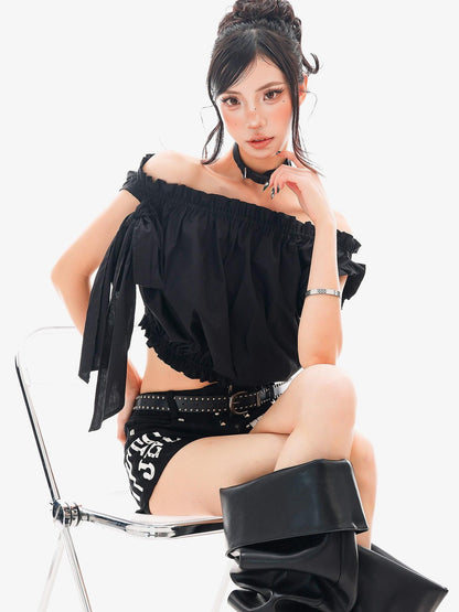 QIUQIU STUDIO Cropped Ruffled Edge One Shoulder Tie Strap Women&