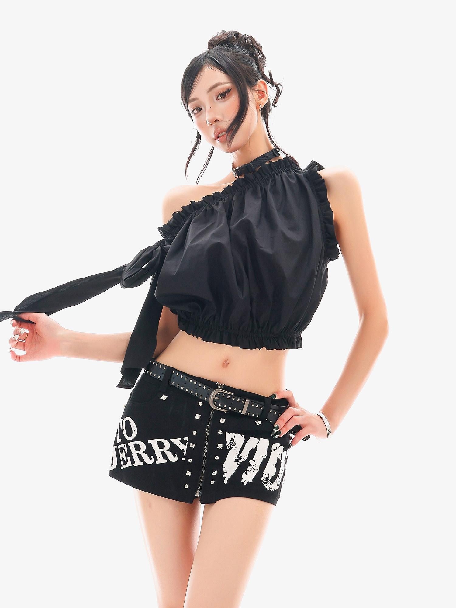 QIUQIU STUDIO Cropped Ruffled Edge One Shoulder Tie Strap Women&
