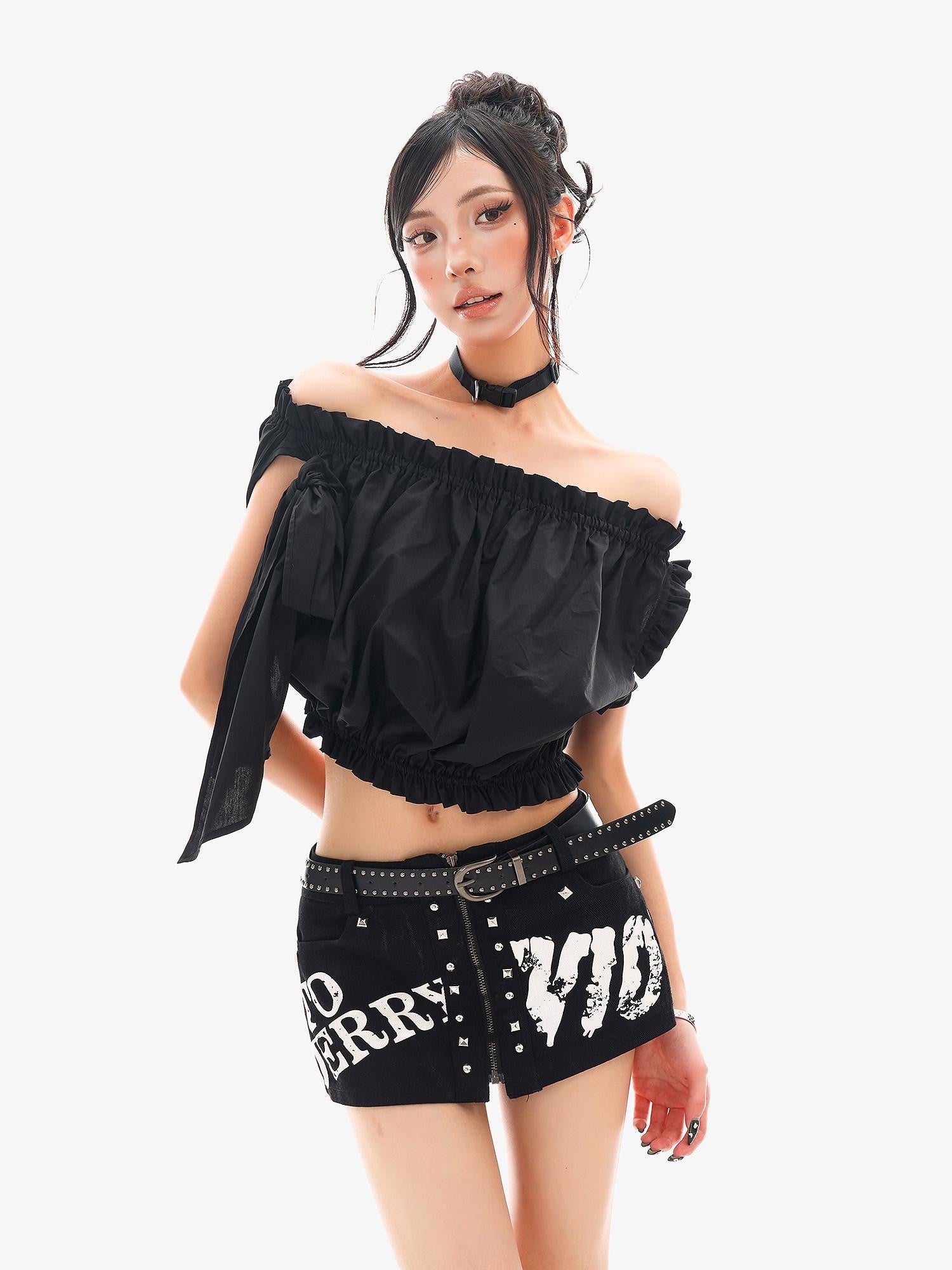 QIUQIU STUDIO Cropped Ruffled Edge One Shoulder Tie Strap Women&