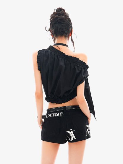 QIUQIU STUDIO Cropped Ruffled Edge One Shoulder Tie Strap Women&