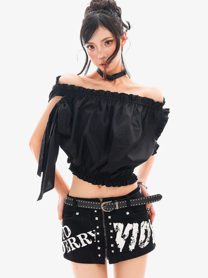 QIUQIU STUDIO Cropped Ruffled Edge One Shoulder Tie Strap Women&