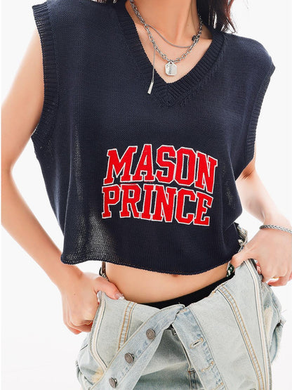 QIUQIU STUDIO Cropped V-neck Letter Print Knitted Sexy Loose Women&