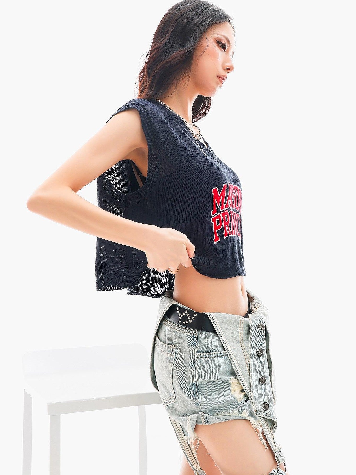 QIUQIU STUDIO Cropped V-neck Letter Print Knitted Sexy Loose Women&