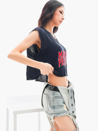QIUQIU STUDIO Cropped V-neck Letter Print Knitted Sexy Loose Women&