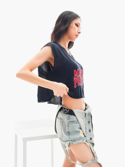 QIUQIU STUDIO Cropped V-neck Letter Print Knitted Sexy Loose Women&