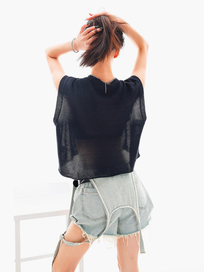 QIUQIU STUDIO Cropped V-neck Letter Print Knitted Sexy Loose Women&