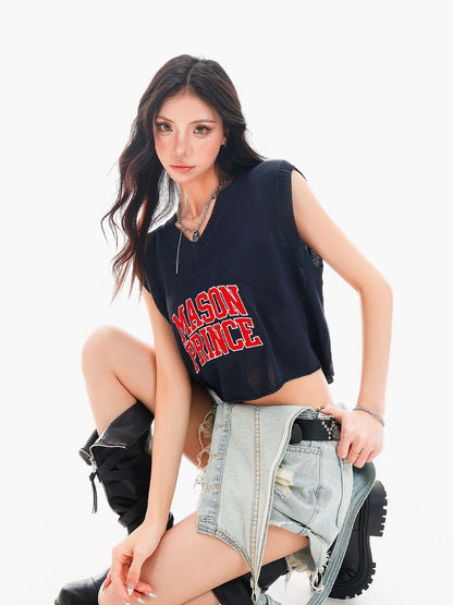 QIUQIU STUDIO Cropped V-neck Letter Print Knitted Sexy Loose Women&