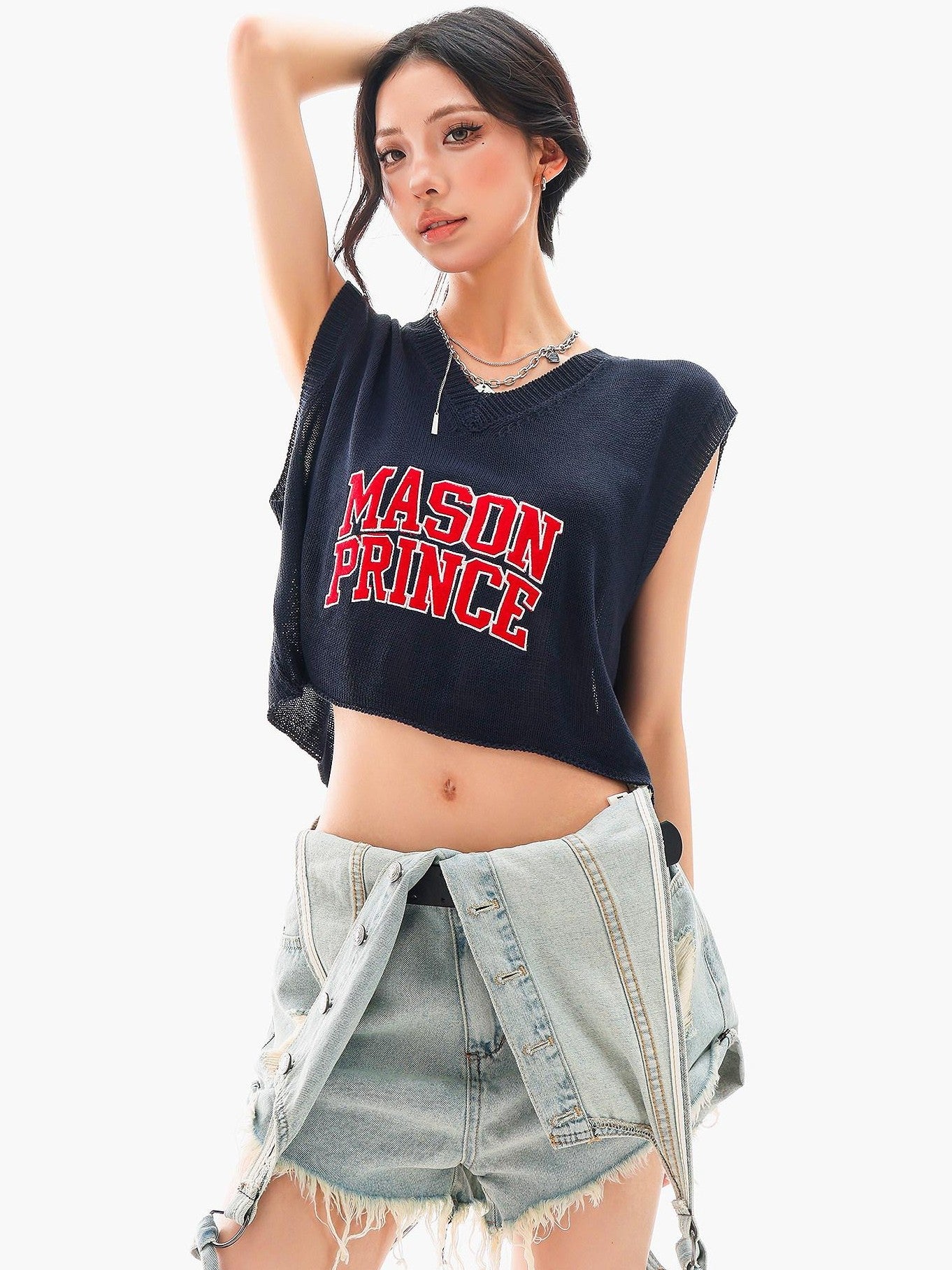 QIUQIU STUDIO Cropped V-neck Letter Print Knitted Sexy Loose Women&