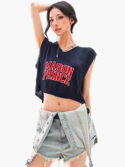 QIUQIU STUDIO Cropped V-neck Letter Print Knitted Sexy Loose Women&