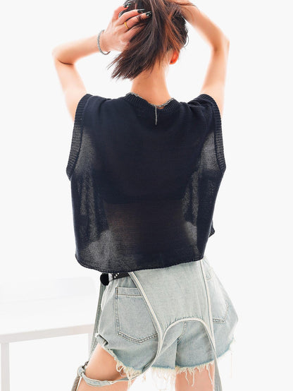 QIUQIU STUDIO Cropped V-neck Letter Print Knitted Sexy Loose Women&
