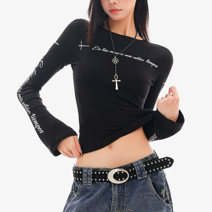 QIUQIU_STUDIO_Dark_Grey_Letter_Print_Casual_Round_Neck_Women&