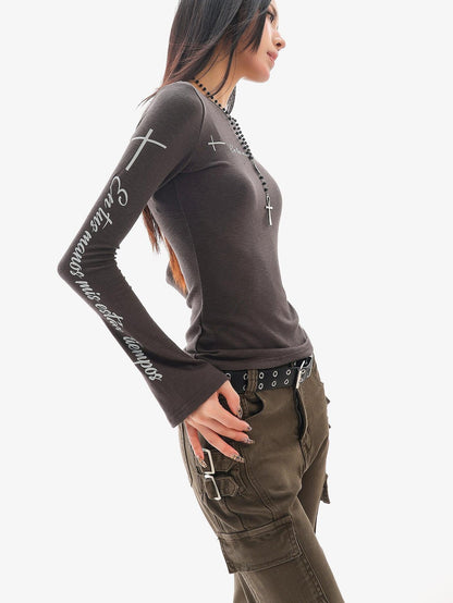QIUQIU STUDIO Dark Grey Letter Print Casual Round Neck Women&
