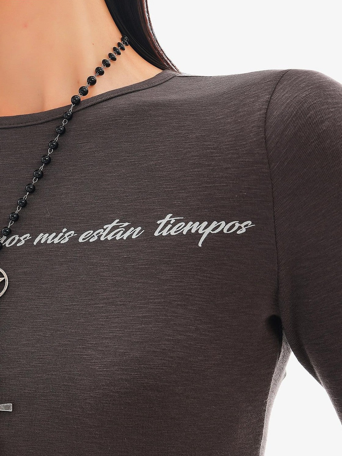 QIUQIU STUDIO Dark Grey Letter Print Casual Round Neck Women&