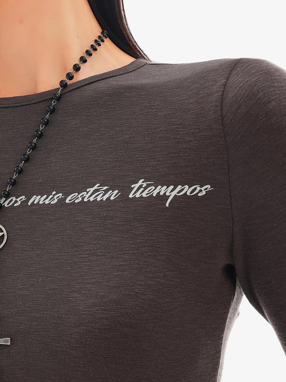QIUQIU STUDIO Dark Grey Letter Print Casual Round Neck Women&
