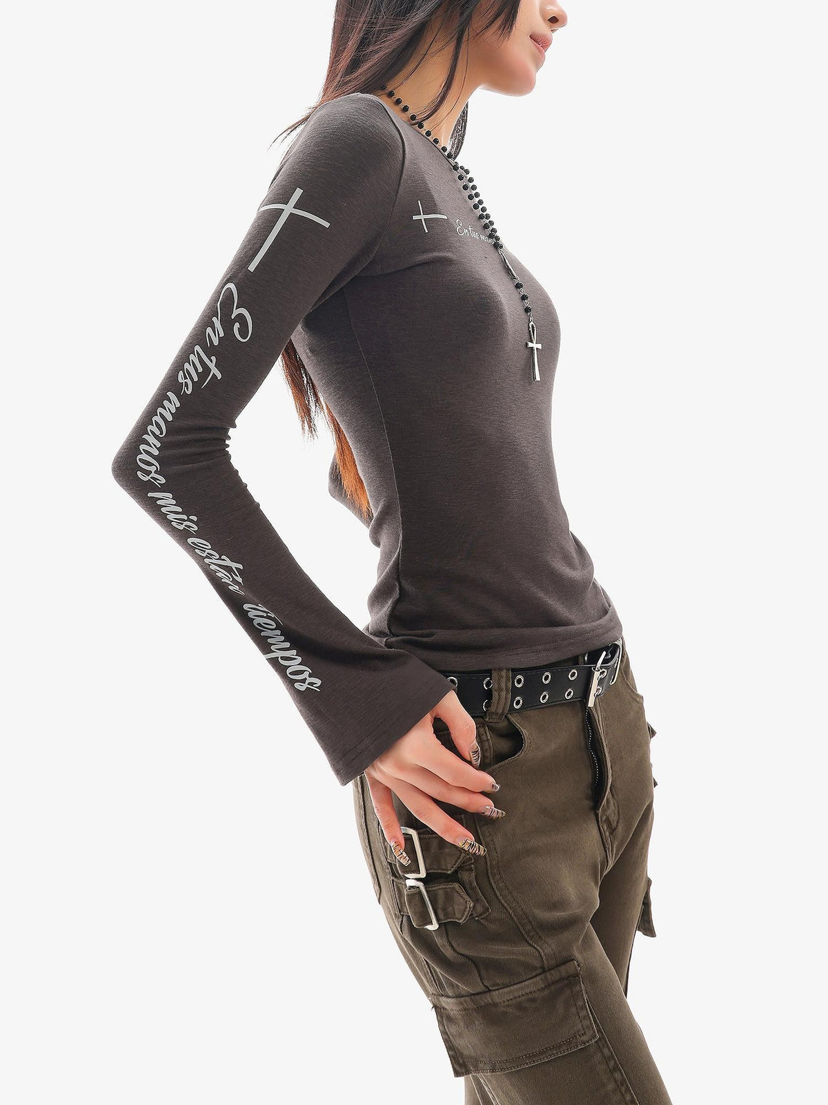 QIUQIU STUDIO Dark Grey Letter Print Casual Round Neck Women&