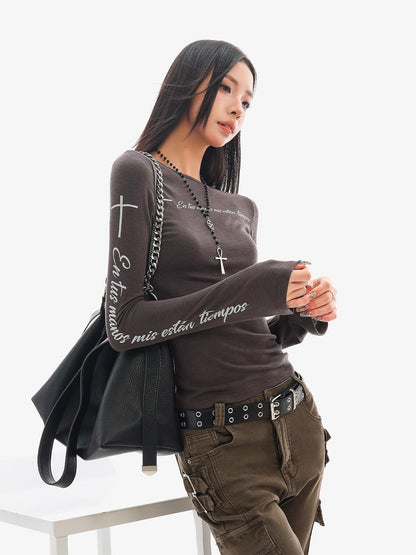 QIUQIU STUDIO Dark Grey Letter Print Casual Round Neck Women&