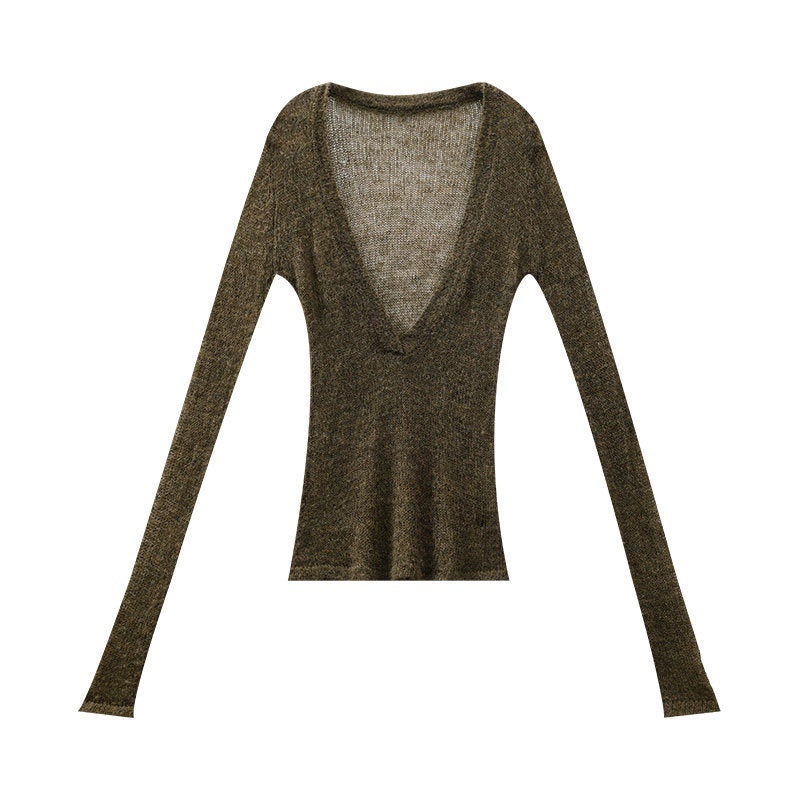QIUQIU_STUDIO_Designer_V-neck_Slim_Fit_Long_Sleeve_Knitted_Solid_Women&