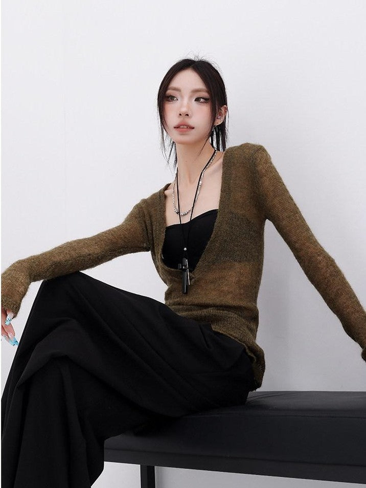 QIUQIU STUDIO Designer V-neck Slim Fit Long Sleeve Knitted Solid Women&