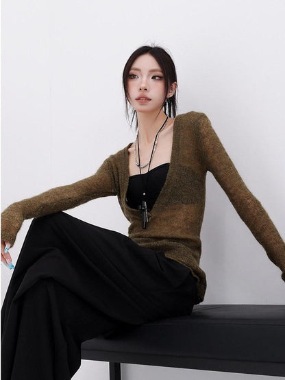 QIUQIU STUDIO Designer V-neck Slim Fit Long Sleeve Knitted Solid Women&