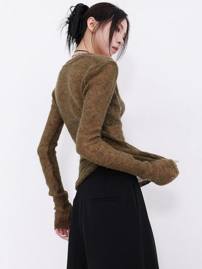 QIUQIU STUDIO Designer V-neck Slim Fit Long Sleeve Knitted Solid Women&
