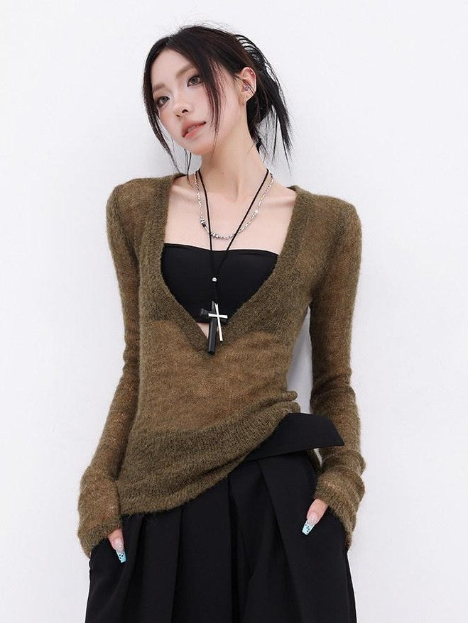 QIUQIU STUDIO Designer V-neck Slim Fit Long Sleeve Knitted Solid Women&