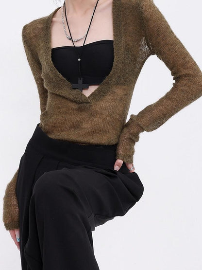 QIUQIU STUDIO Designer V-neck Slim Fit Long Sleeve Knitted Solid Women&