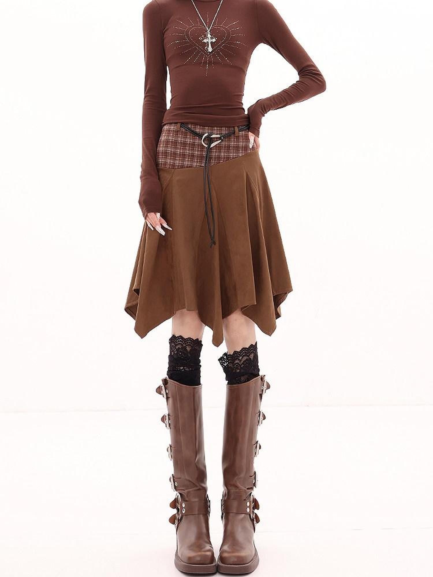QIUQIU STUDIO Designer Vintage Plaid Patchwork Asymmetric Women&