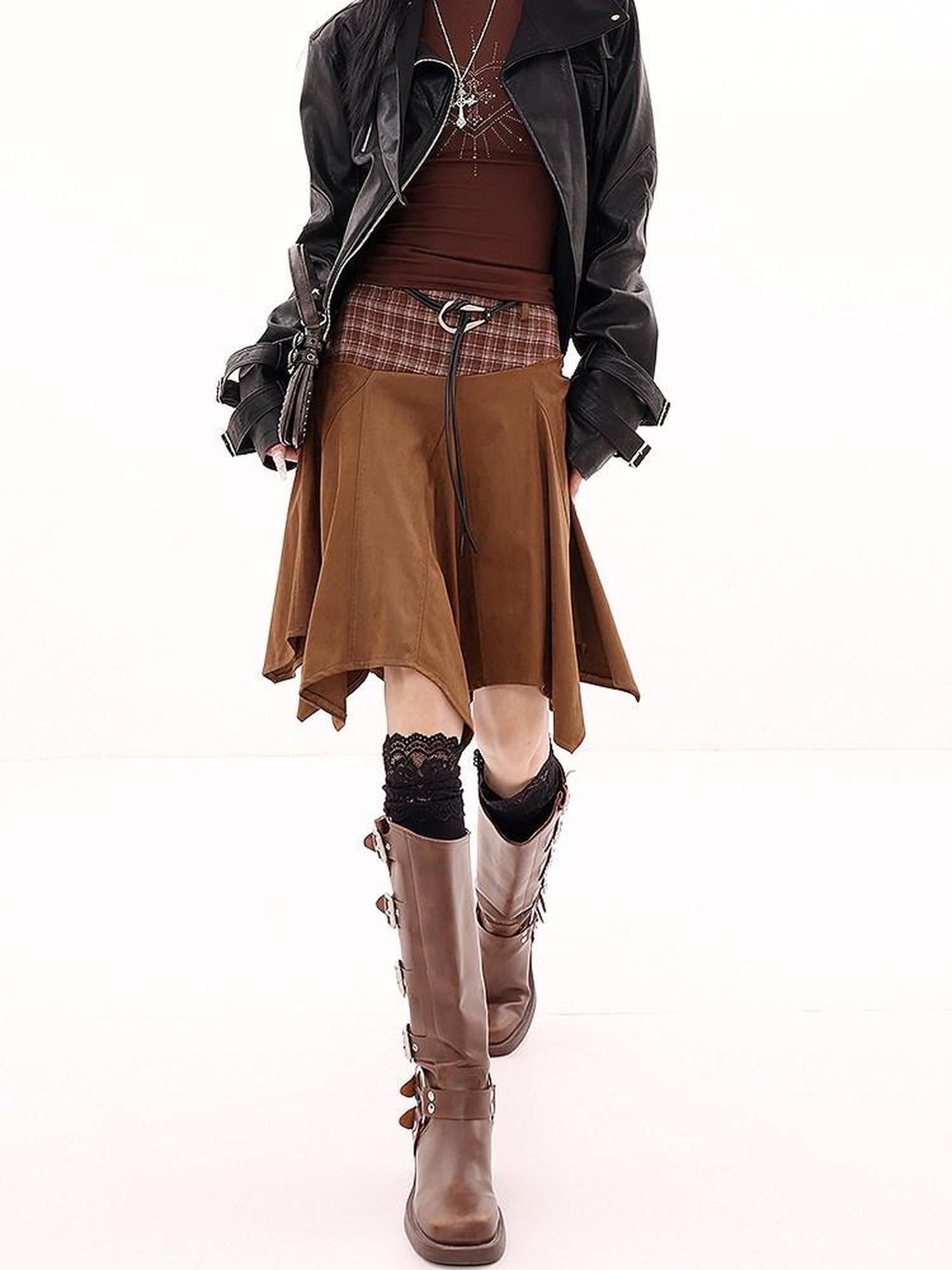 QIUQIU STUDIO Designer Vintage Plaid Patchwork Asymmetric Women&