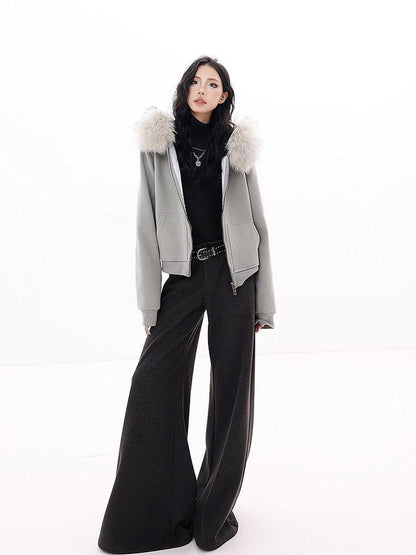 QIUQIU STUDIO Detachable Fur Collar Cropped Loose Fit Thick Hooded Women&