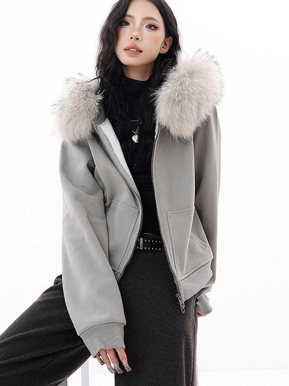 QIUQIU STUDIO Detachable Fur Collar Cropped Loose Fit Thick Hooded Women&