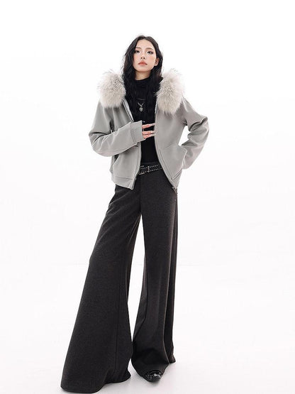 QIUQIU STUDIO Detachable Fur Collar Cropped Loose Fit Thick Hooded Women&