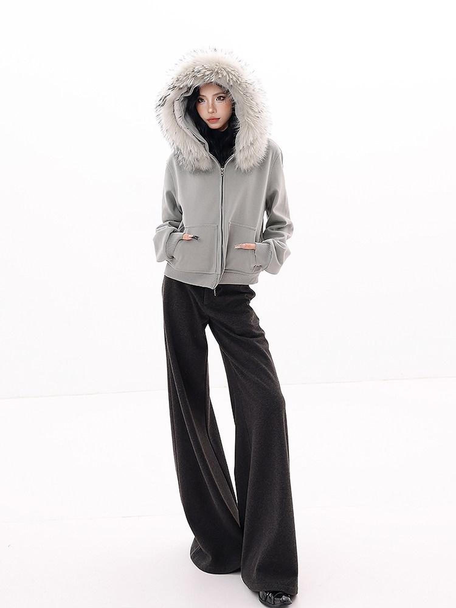 QIUQIU STUDIO Detachable Fur Collar Cropped Loose Fit Thick Hooded Women&