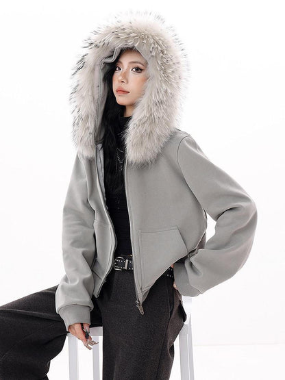 QIUQIU STUDIO Detachable Fur Collar Cropped Loose Fit Thick Hooded Women&