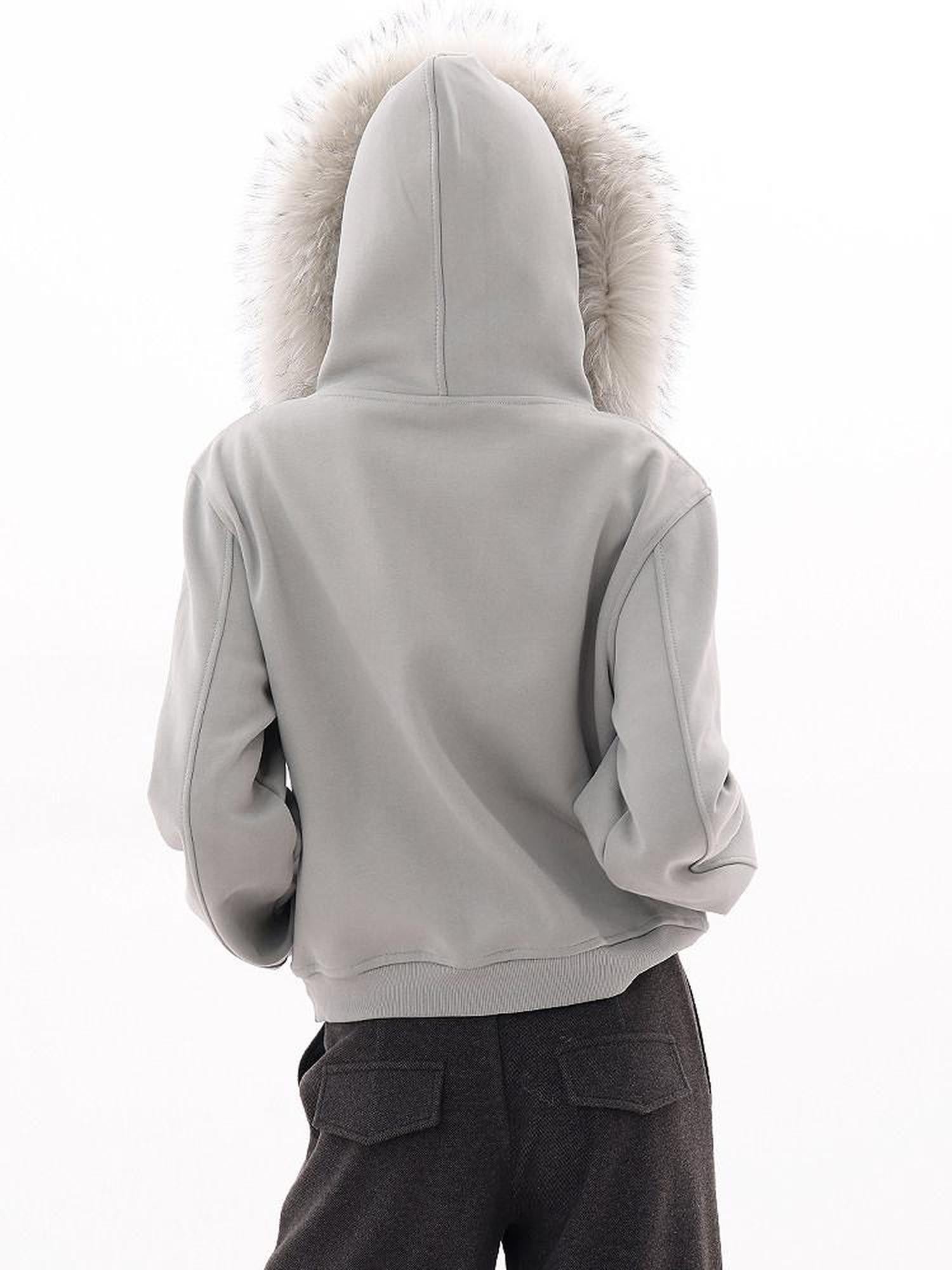 QIUQIU STUDIO Detachable Fur Collar Cropped Loose Fit Thick Hooded Women&