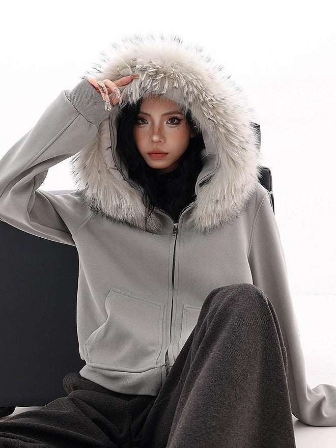 QIUQIU STUDIO Detachable Fur Collar Cropped Loose Fit Thick Hooded Women&