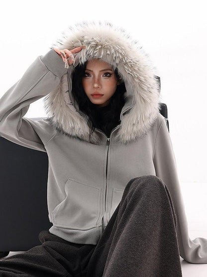 QIUQIU STUDIO Detachable Fur Collar Cropped Loose Fit Thick Hooded Women&