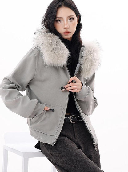 QIUQIU STUDIO Detachable Fur Collar Cropped Loose Fit Thick Hooded Women&