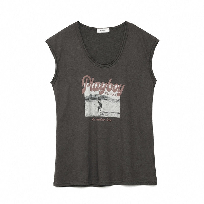 QIUQIU_STUDIO_Distressed_Printed_Rolled_Hem_U_Neck_Loose_Women&